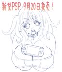  :o breasts choker copyright_request handheld_game_console huge_breasts long_hair monochrome outline playstation_portable short_twintails solo tsuutenkaaku twintails 