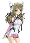  ar_tonelico ar_tonelico_i armpits aurica_nestmile bad_id bad_pixiv_id breasts brown_hair covered_nipples detached_sleeves dress green_eyes hair_ornament hair_ribbon impossible_clothes impossible_shirt kiriyama_machi long_hair medium_breasts ribbon shirt solo striped 