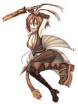  .hack//g.u. 1girl antenna_hair armpits artist_request breasts bridal_gauntlets brown_hair cleavage crop_top high_heels large_breasts leg_lift midriff open_mouth platform_footwear ribbon sandals scarf shoes short_hair solo sword weapon yellow_eyes yowkow_(.hack//) 