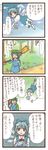  2girls 4koma backpack bad_id bad_pixiv_id bag blue_eyes blue_hair blush bow broom cirno comic hair_bobbles hair_ornament hat highres ice kawashiro_nitori mother_(game) multiple_girls nagasawa_(tthnhk) open_mouth short_hair smile starman_(mother) touhou translated twintails two_side_up wings 
