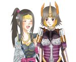  38 :d :o black_hair blush breastplate gem headpiece inahime_(sengoku_musou) multiple_girls open_mouth parted_lips ponytail sengoku_musou sengoku_musou_2 shoulder_pads simple_background smile tachibana_ginchiyo white_background 