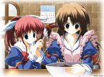  amagasaki_mikoto apron blue_eyes bowl brown_eyes brown_hair chocolate chocolate_making cooking fujieda_honami highres juliet_sleeves long_hair long_sleeves mixing_bowl multiple_girls ponytail puffy_sleeves red_hair school_uniform spatula tsuki_wa_higashi_ni_hi_wa_nishi_ni tsukinon valentine 