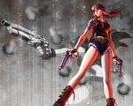  belt beretta_92 black_lagoon boots denim denim_shorts dual_wielding fingerless_gloves gloves gun handgun hiroe_rei holding holster legs long_hair pistol revy_(black_lagoon) shorts shoulder_holster solo tattoo wallpaper weapon 