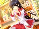  black_hair blue_eyes crepe eating food frills game_cg hairband long_hair non-web_source sakurai_suzuka satou_satoru school_uniform solo tsukushite_ageru_no_ni! 