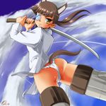  ass brown_hair dr_rex from_behind from_below fundoshi green_eyes grey_legwear japanese_clothes katana looking_at_viewer looking_back no_pants ponytail sakamoto_mio short_hair solo standing strike_witches striker_unit sword thighhighs weapon world_witches_series 