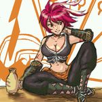  .hack//g.u. 1girl antenna_hair artist_request boots breasts cleavage crop_top jug large_breasts lowres midriff pink_eyes pink_hair short_hair sitting sketch smile solo tattoo yowkow_(.hack//) 