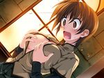  breast_grab breasts brown_eyes brown_hair bursting_breasts cleavage dutch_angle game_cg genderswap genderswap_(mtf) grabbing large_breasts non-web_source princess_frontier ryuu_donalvein senomoto_hisashi short_hair solo sunset surprised tears wardrobe_malfunction 