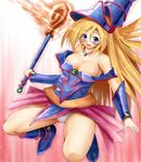  bad_id bad_pixiv_id blastbeat blonde_hair blue_footwear blush_stickers boots breasts cleavage dark_magician_girl duel_monster hat large_breasts long_hair open_mouth panties pentacle pink_background underwear wand white_panties yuu-gi-ou yuu-gi-ou_duel_monsters 