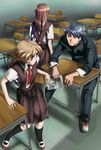  2girls ashibe_ryou back book brown_eyes brown_hair classroom copyright_request desk gakuran glasses indoors long_hair multiple_girls necktie school_desk school_uniform 