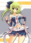  bare_shoulders beatmania beatmania_iidx belt bow green_eyes green_hair hair_bow hand_on_hip ladle long_hair miniskirt navel skirt solo wristband yukiwo 