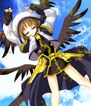  arms_up artist_request beret black_gloves black_wings blush closed_eyes fingerless_gloves gloves hair_ornament hat long_hair long_sleeves lyrical_nanoha mahou_shoujo_lyrical_nanoha mahou_shoujo_lyrical_nanoha_a's solo wings x_hair_ornament yagami_hayate 