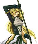  .hack//games 1girl armor artist_request black_gloves breastplate elbow_gloves gardenia_(.hack//) gloves holding holding_weapon long_hair looking_at_viewer lowres polearm red_eyes simple_background solo very_long_hair weapon white_background 