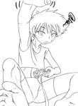  androgynous artist_request barefoot cowboy_bebop edward_wong_hau_pepelu_tivrusky_iv game_console greyscale lineart monochrome playing_games playstation_2 solo toes video_game 