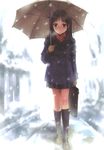  blurry brown_hair coat copyright_request depth_of_field goto_p highres long_hair school_uniform skirt snow snowing socks solo umbrella walking winter_clothes winter_coat winter_uniform 