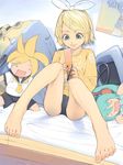  akinbo_(hyouka_fuyou) bad_id bad_pixiv_id barefoot bed blonde_hair bow cameo cellphone character_doll feet fingernails hatsune_miku kagamine_len kagamine_rin nail_polish phone poster_(object) short_hair sitting solo stuffed_toy toenail_polish toenails vocaloid 