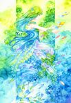  blue_hair fish green_eyes green_hair ivy original sei_mutsuki solo surreal traditional_media watercolor_(medium) 
