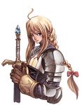  agrias_oaks ahoge braid breastplate final_fantasy final_fantasy_tactics holding holding_sword holding_weapon long_hair looking_at_viewer shoulder_pads shu-tokutomi simple_background single_braid solo sword upper_body very_long_hair weapon white_background 