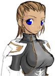  artist_request blue_eyes breasts brown_hair dark_skin final_fantasy final_fantasy_tactics large_breasts looking_at_viewer rapha_galthena shoulder_pads simple_background solo uniform upper_body white_background 