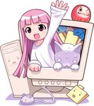  :3 absurdres artist_request cat computer copyright_request daruma_doll doll folder highres internet_explorer long_sleeves monitor mouse mouse_(computer) personification pink_eyes pink_hair sleeves_past_wrists through_screen waving 