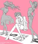  artist_request back bare_shoulders collarbone denim double_bun dress high_heels jeans jojo_no_kimyou_na_bouken kuujou_jolyne lipstick long_hair makeup midriff monochrome multiple_girls pants pink_background shoes short_hair sitting thighhighs trish_una walking yamagishi_yukako 