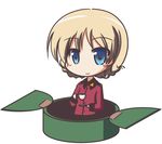  blonde_hair blue_eyes blush braid chibi cup darjeeling fictional_sister girls_und_panzer holding jacket long_sleeves looking_at_viewer military military_uniform red_jacket short_hair solo st._gloriana's_military_uniform tank_turret teacup tied_hair twin_braids uniform white_background 
