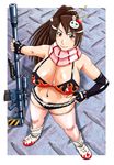  amamiya_atsushi anti-materiel_rifle bikini_top boots breasts brown_eyes brown_hair bunny_hair_ornament cleavage cosplay fingerless_gloves flame_print gloves gun hair_ornament hair_stick hand_on_hip highres huge_breasts konbini_dmz konbini_dmz_plus! long_hair midriff mismatched_gloves navel pink_legwear ponytail rifle sao_satoru scarf short_shorts shorts sniper_rifle solo tengen_toppa_gurren_lagann thighhighs weapon yoko_littner yoko_littner_(cosplay) 