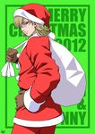  2012 absurdres barnaby_brooks_jr blonde_hair brown_gloves christmas gloves green_eyes hand_on_hip hat highres male_focus merry_christmas one_eye_closed sack santa_costume santa_hat signature solo tiger_&amp;_bunny yama-michi 