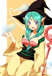  aqua_hair bad_id bad_pixiv_id bare_shoulders between_breasts blue_eyes breasts front_ponytail hat heart long_hair magi_the_labyrinth_of_magic medium_breasts open_mouth shell shell_bikini smile solo staff witch_hat yamuraiha yarawi 
