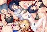  5girls american_flag_bikini bikini black_eyes black_hair blade blonde_hair blue_eyes breasts camouflage camouflage_bikini chequita cleavage eyepatch flag_print green_eyes hair_over_one_eye highres jewelry jormungand karen_low koko_hekmatyar large_breasts lingerie long_hair lying medium_breasts multiple_girls necklace one_eye_closed schokolade short_hair silver_hair smile sofia_valmer swimsuit tank_top underwear yellow_eyes 