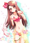  bikini blush breasts brown_eyes brown_hair cleavage finger_to_mouth flower front-tie_top hair_flower hair_ornament hairband heart heart-shaped_pupils idolmaster idolmaster_(classic) long_hair looking_at_viewer minase_iori natsu_(anta_tte_hitoha) navel sarong small_breasts smile solo swimsuit symbol-shaped_pupils thigh_gap translucent_sarong yellow_sarong 