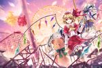  6u_(eternal_land) adapted_costume amusement_park ascot balloon black_legwear blonde_hair bow capelet ferris_wheel flandre_scarlet hair_bow hakurei_reimu hat horse kirisame_marisa red_eyes roller_coaster short_hair side_ponytail skirt smile solo stuffed_animal stuffed_toy teddy_bear thighhighs touhou wings 