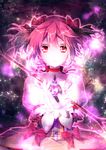  bow bow_(weapon) choker crying crying_with_eyes_open gloves hair_bow kaname_madoka lights looking_at_viewer magical_girl mahou_shoujo_madoka_magica pink_eyes pink_hair pink_skirt puffy_sleeves ribbon_choker riichu short_sleeves skirt solo soul_gem tears twintails weapon white_gloves 