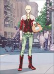  asadaas bag barnaby_brooks_jr blonde_hair boots city coffee glasses green_eyes jacket jewelry male_focus red_jacket ring solo tiger_&amp;_bunny 