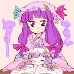  :&lt; baby book character_name closed_eyes crescent dress dual_persona hat komaku_juushoku lowres multiple_girls patchouli_knowledge purple_eyes purple_hair ribbon smile touhou younger 