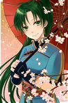  blush fingerless_gloves fire_emblem fire_emblem:_rekka_no_ken gloves green_eyes green_hair high_ponytail kiyuu long_hair looking_at_viewer lyndis_(fire_emblem) oriental_umbrella ponytail smile solo umbrella 