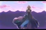  ahoge artoria_pendragon_(all) blonde_hair dress fate/stay_night fate_(series) green_eyes hair_down kmitty letterboxed long_hair mountain saber solo 