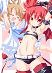 ^_^ angel_and_devil arm_belt armpits arms bat_wings belt brown_hair closed_eyes demon_girl demon_tail detached_sleeves disgaea disgaea_d2 etna flat_chest gloves hair_rings kagerou_(kers) long_hair multiple_girls navel open_mouth red_eyes red_hair red_wings short_hair sicily_(disgaea) smile tail twintails wings 
