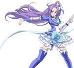  blue_choker blue_footwear blue_legwear blue_skirt boots choker cure_beat dress electric_guitar frills guitar heart instrument kurokawa_eren long_hair love_guitar_rod magical_girl nanashishi precure purple_hair seiren_(suite_precure) side_ponytail skirt smile solo suite_precure thigh_boots thighhighs white_background yellow_eyes 