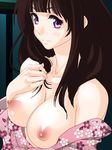  breasts brown_hair chitanda_eru hands hyouka japanese_clothes kimono large_breasts long_hair purple_eyes smile solo suesan undressing 
