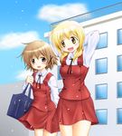  :d arms_behind_head arms_up bag blonde_hair blush brown_eyes brown_hair cloud day hair_ornament hairclip hidamari_sketch long_hair miyako multiple_girls mushoku_no_hourousha open_mouth school_bag school_uniform short_hair sky smile yellow_eyes yuno 