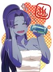  =_= assassin_(fate/zero) azumakuro blue_hair blue_skin blush bottle fate/zero fate_(series) female_assassin_(fate/zero) long_hair muscle ponytail solo towel 