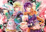  bad_id bad_pixiv_id ball blonde_hair bubble caesar_anthonio_zeppeli fingerless_gloves gloves green_eyes green_jacket jacket jojo_no_kimyou_na_bouken joseph_joestar_(young) midriff momosuke0757 multiple_boys purple_eyes purple_hair scarf traditional_media watercolor_(medium) 