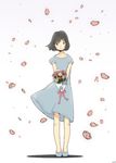  1girl black_eyes black_hair blush bouquet flower hana_(ookami_kodomo) niea ookami_kodomo_no_ame_to_yuki petals shadow short_hair simple_background skirt skirt_lift solo 