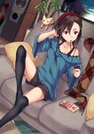  bare_shoulders black_legwear blush brown_hair chair collarbone digital_media_player food headphones indoors kamome_yuu knee_up long_hair mouth_hold original plant pocky red_eyes scarf shoes shorts sitting smile sneakers solo stereo sweater tank_top thighhighs 