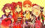  3girls :d ^_^ arrow blue_eyes brown_hair child closed_eyes emiya_shirou fate/stay_night fate/zero fate_(series) flower hair_flower hair_ornament hamaya happy_new_year illyasviel_von_einzbern japanese_clothes kimono long_hair matou_sakura multiple_girls new_year open_mouth orange_hair purple_eyes purple_hair short_hair smile tobihachi toosaka_rin twintails white_hair yellow_eyes younger 