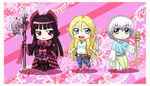  arrow blonde_hair blue_eyes blush_stickers bow_(weapon) capelet chibi denim elf garter_straps gate_-_jieitai_ka_no_chi_nite_kaku_tatakaeri gothic_lolita green_eyes halberd jeans lelei_la_lalena lolita_fashion long_hair mage maid_headdress multiple_girls pants pointy_ears polearm purple_hair quiver rory_mercury sao_satoru shirt short_hair smile staff t-shirt thighhighs tuka_luna_marceau weapon 