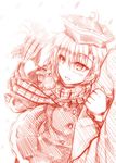  arm_hug blush coat crescent hat kazetto lunasa_prismriver monochrome scarf short_hair sketch smile solo_focus touhou winter_clothes 