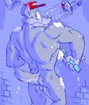  balls brush bubble bubbles butt canine embarrassed hat male mammal muscles nervous nude poop_(artist) shower soap solo water wolf 