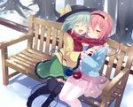  bad_id bad_pixiv_id bench black_legwear blush boots closed_eyes green_hair hairband heart komeiji_koishi komeiji_satori marotti multiple_girls one_eye_closed open_mouth pantyhose pink_eyes pink_hair pink_skirt scarf shared_scarf short_hair siblings sisters sitting skirt smile snow thighhighs third_eye touhou 