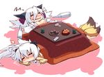  =_= breasts chibi closed_eyes drunk fox_tail kako_(reku) kotatsu long_hair lying medium_breasts multicolored_hair multiple_girls new_year open_clothes original reku sanbi_(reku) senbei shiroko_(reku) table tail two-tone_hair under_kotatsu under_table white_hair 